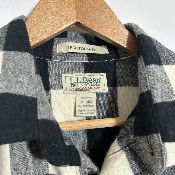 LL BEAN Heavy Chamois Plaid Shirt M Black White 100% Cotton Button Up 277981 - Picture 5 of 5